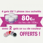4 Gels UV 1 phase 30ml achetés = 2 gels uv 5ml de couleur OFFERTS !
