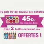 10 Gels uv de couleur 5ml achetés = 2 huiles cuticules OFFERTES !